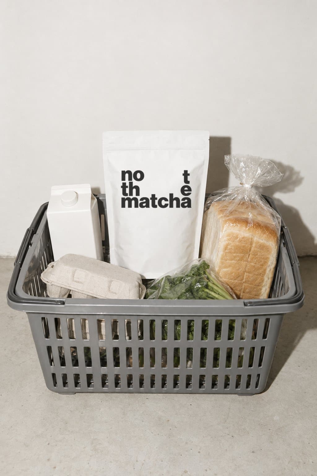 A bag of NOT THE MATCHA in a grocery basket with milk, eggs and bread